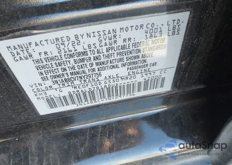 2022 Nissan Sentra Sv Xtronic Cvt from USA, damaged, VIN 3N1AB8CV7NY297756